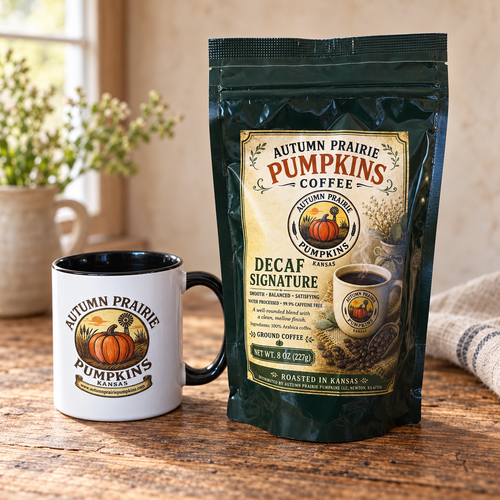 Decaf Signature water-processed ground coffee, 8 oz bag with Autumn Prairie mug