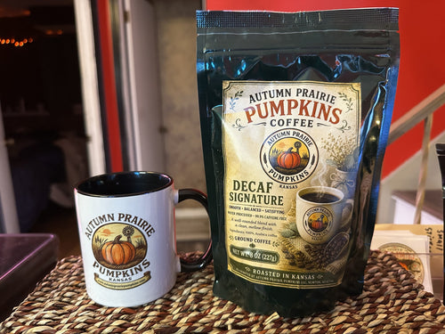 Decaf Signature Coffee - 8 oz bag with branded mug - Autumn Prairie Pumpkins