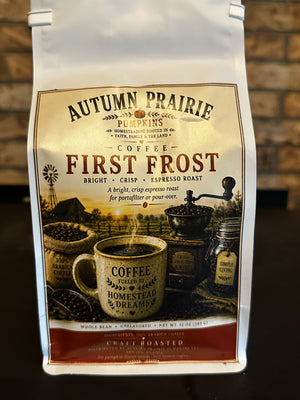 First Frost Coffee - 12 oz bright espresso roast bag - Autumn Prairie Pumpkins