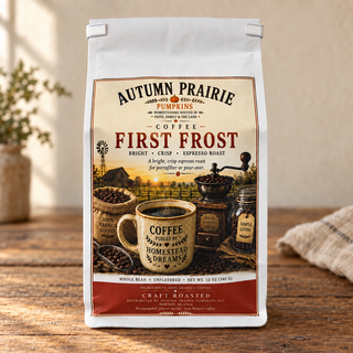 First Frost espresso roast coffee, 12 oz whole bean bag on a wooden table