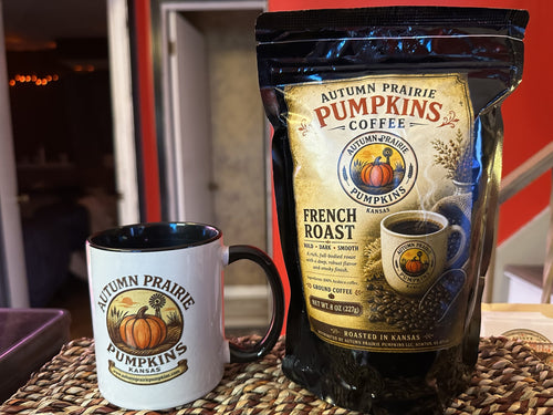 French Roast Coffee - 8 oz bag with branded mug - Autumn Prairie Pumpkins