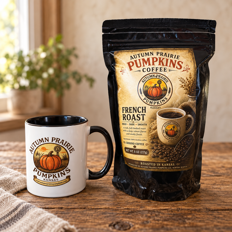 French Roast ground coffee, 8 oz bag with Autumn Prairie mug on a wooden table