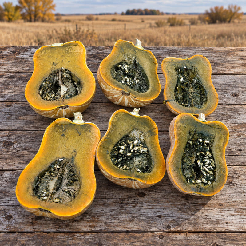 Cut Guatemalan Green Ayote squash showing golden flesh and seeds on a weathered prairie table