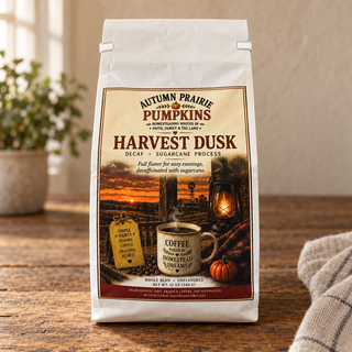 Harvest Dusk sugarcane-process decaf whole bean coffee, 12 oz bag on a rustic wooden table