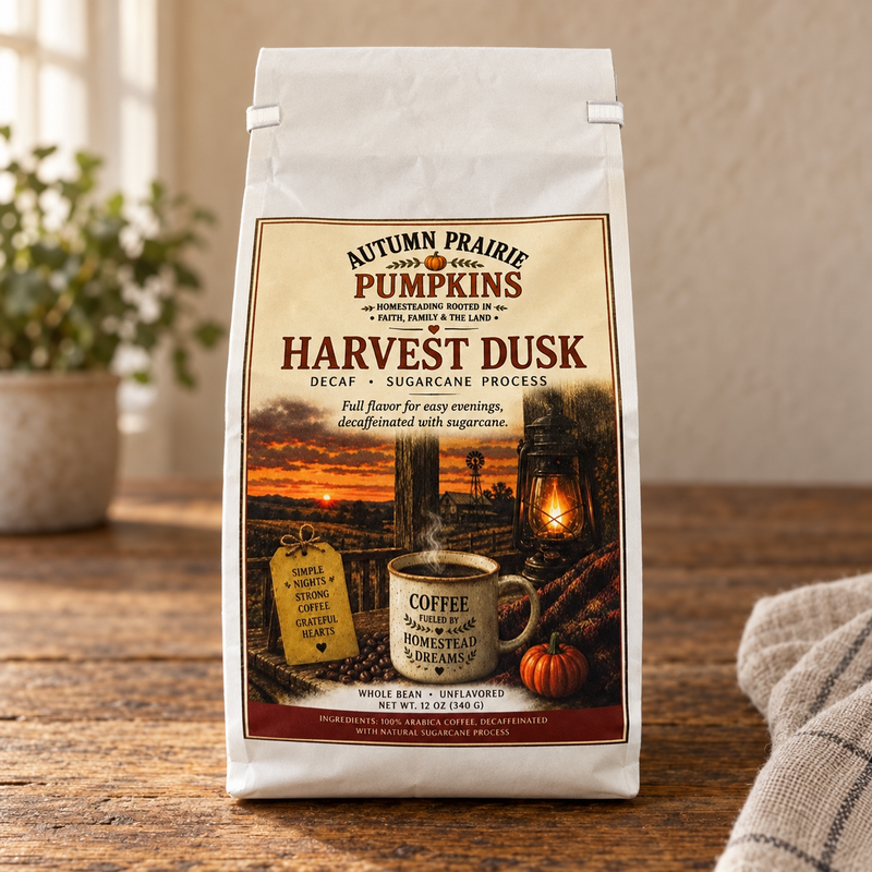 Harvest Dusk sugarcane-process decaf whole bean coffee, 12 oz bag on a rustic wooden table