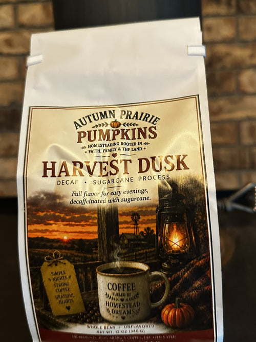Harvest Dusk Decaf Coffee - 12 oz sugarcane process bag - Autumn Prairie Pumpkins