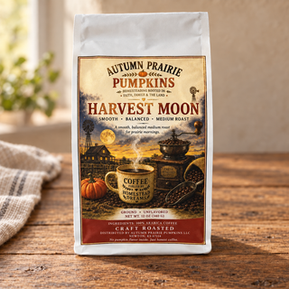 Harvest Moon medium roast coffee, 12 oz ground coffee bag on a wooden table
