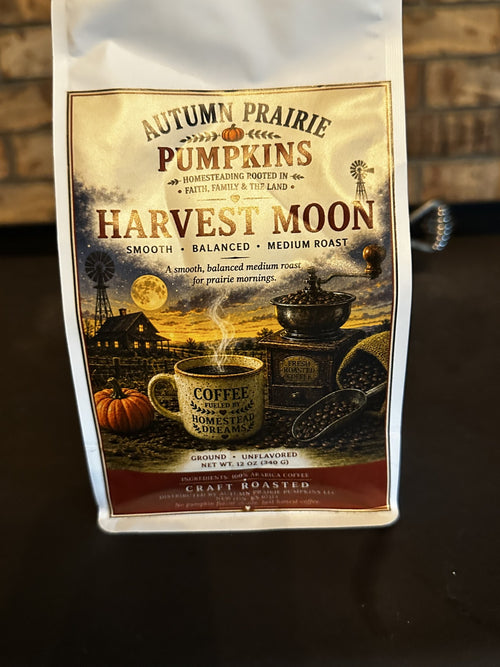 Harvest Moon Coffee - 12 oz medium roast bag - Autumn Prairie Pumpkins