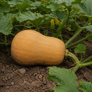 Honeybaby Butternut Squash, growing among squash vines with natural soil on the rind