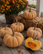 Kikuza pumpkins with autumn mums and hay on a farmhouse porch, buff ribbed Japanese heirloom squash for fall