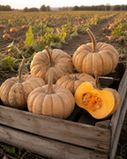 Kikuza squash harvest in a wooden crate beside a Kansas pumpkin field, ribbed buff moschata heirloom