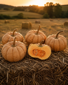 Kikuza heirloom squash pumpkins on a straw bale at golden sunset, sweet Cucurbita moschata grown in Kansas