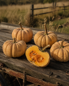 Kikuza squash on weathered barn wood by a prairie fence, halved fruit showing sweet orange flesh, heirloom moschata