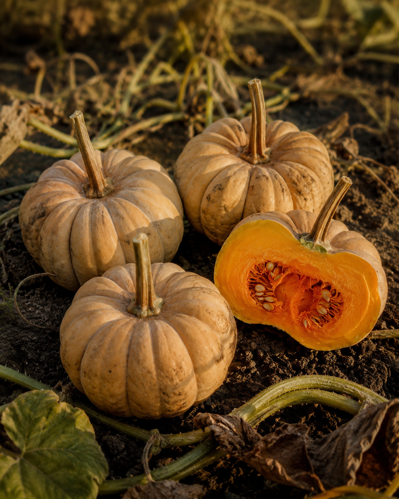 Kikuza squash, ribbed tan Japanese heirloom pumpkin halved to show deep orange flesh and seeds, vine borer resistant moschata