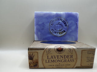 Lavender Lemongrass cold process soap - handmade 4.5 oz bar stamped with the Autumn Prairie Pumpkins pumpkin - Newton Kansas