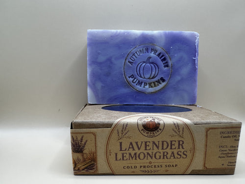 Lavender Lemongrass cold process soap - handmade 4.5 oz bar stamped with the Autumn Prairie Pumpkins pumpkin - Newton Kansas