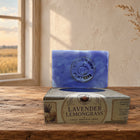Lavender Lemongrass handmade cold process soap bar and kraft box on a warm Kansas prairie farmhouse table