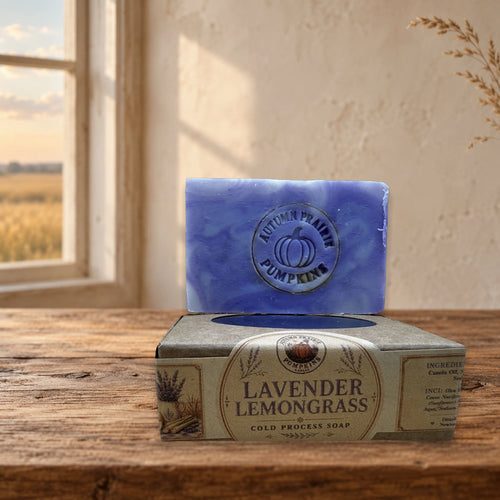 Lavender Lemongrass handmade cold process soap bar and kraft box on a warm Kansas prairie farmhouse table