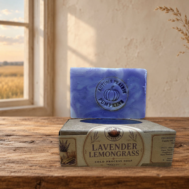 Lavender Lemongrass handmade cold process soap bar and kraft box on a warm Kansas prairie farmhouse table