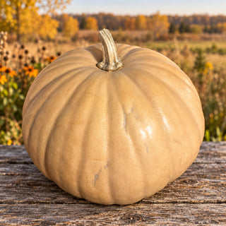 Long Island Cheese pumpkin with buff tan ribbing on a weathered table above a Kansas prairie