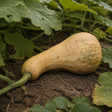 Magic Cushaw Squash, growing among squash vines with natural soil on the rind