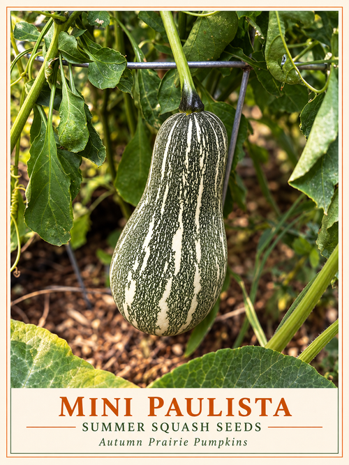 Mini Paulista summer squash seeds - green and ivory striped fruit growing on vine - branded APP photo