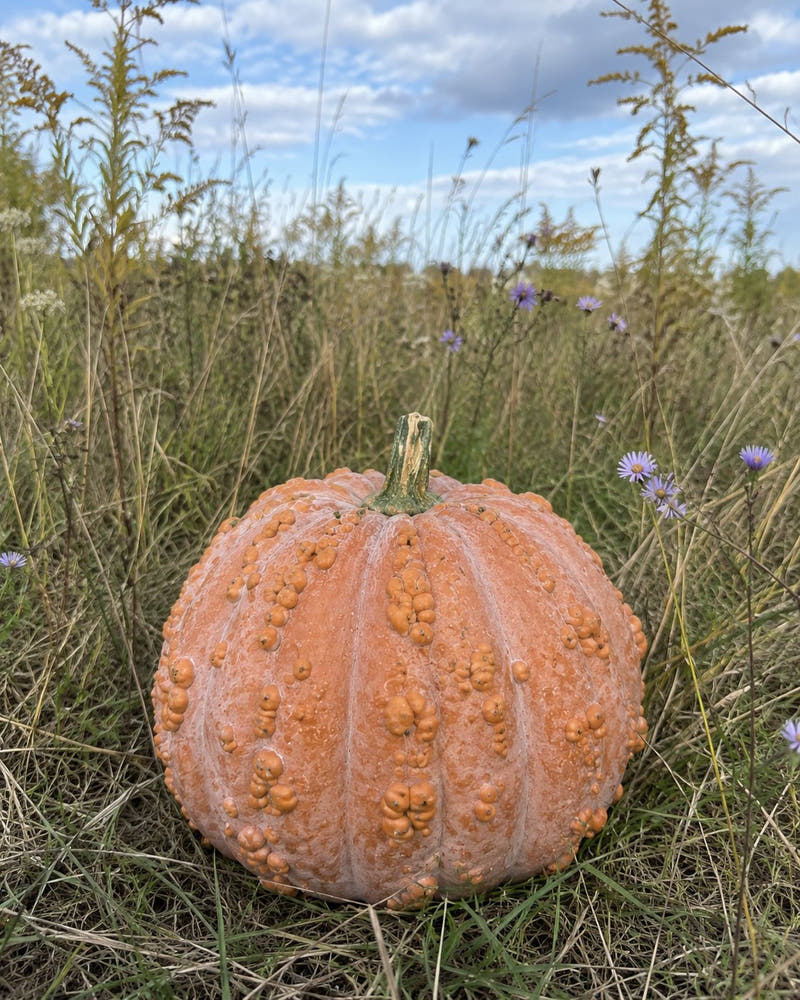 Musquee de Maroc pumpkin in prairie grass - warted terracotta heirloom - Cucurbita moschata