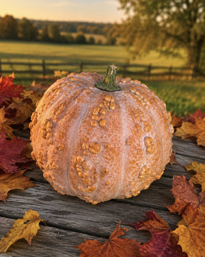 Musquee de Maroc pumpkin on rustic wood with autumn leaves - warted heirloom - Cucurbita moschata
