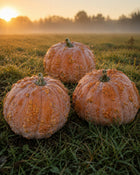 Three Musquee de Maroc pumpkins in dewy sunrise field - Moroccan heirloom squash - vine borer resistant moschata