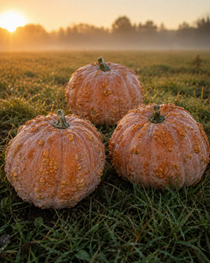Three Musquee de Maroc pumpkins in dewy sunrise field - Moroccan heirloom squash - vine borer resistant moschata