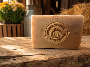 Oatmeal Milk and Honey Soap - stamped oat bar on rustic wood - handmade cold process soap