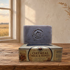 Oatmeal Milk & Honey handmade cold process soap bar and kraft box on a warm Kansas prairie farmhouse table