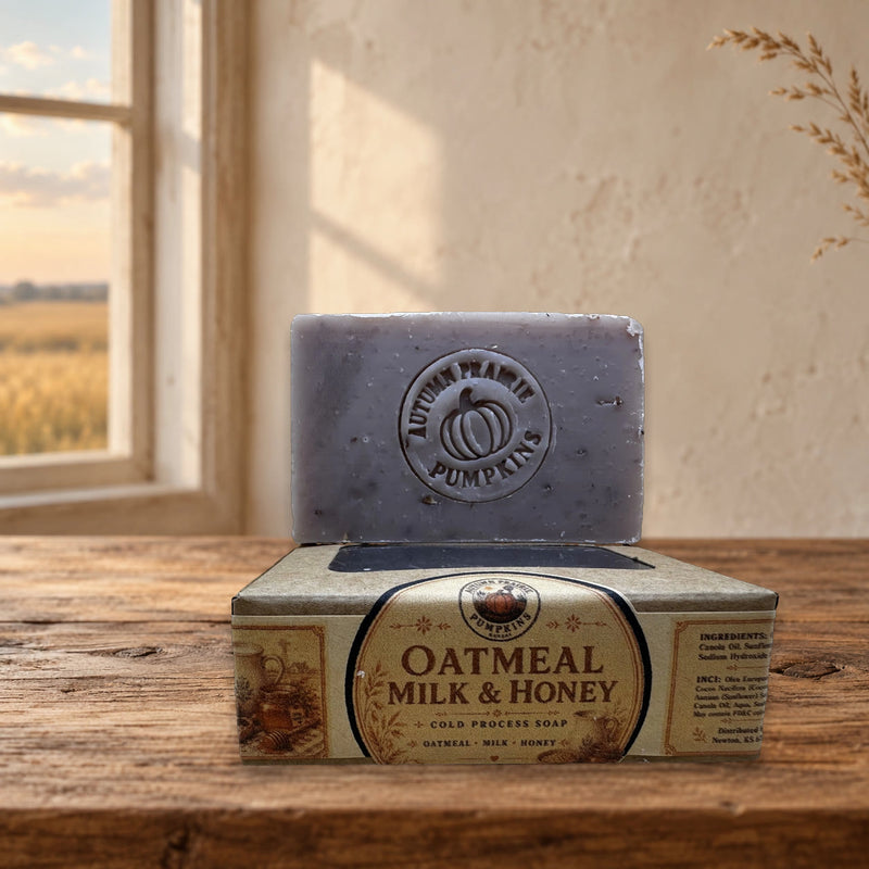 Oatmeal Milk & Honey handmade cold process soap bar and kraft box on a warm Kansas prairie farmhouse table