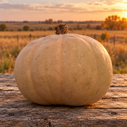 Long Island Cheese pumpkin from the pie pumpkin seed bundle on a weathered Kansas prairie table