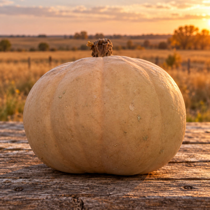 Long Island Cheese pumpkin from the pie pumpkin seed bundle on a weathered Kansas prairie table