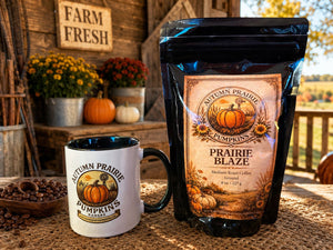 Prairie Blaze Coffee - 8 oz ground coffee bag with branded mug - bold medium roast