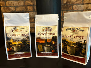 Prairie Coffee Flight - Harvest line trio of three 12 oz craft-roasted coffee bags - Harvest Moon, Harvest Dusk, First Frost