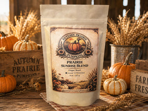 Prairie Sunrise Coffee - 8 oz ground coffee bag with heirloom pumpkins - smooth light roast