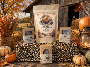 Prairie Sunrise Coffee - 8 oz bag with handmade soap boxes on hay - smooth light roast