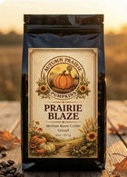 Prairie Blaze medium roast coffee bag from Autumn Prairie Pumpkins Kansas