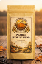 Prairie Sunrise Blend coffee bag from Autumn Prairie Pumpkins Kansas