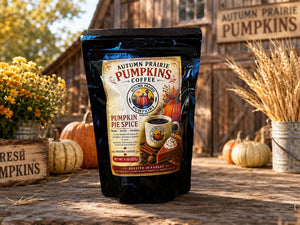 Pumpkin Pie Spice Coffee - 8 oz ground coffee bag with pumpkins - seasonal Kansas roast