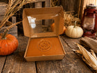 Pumpkin Spice Soap - stamped bar in open kraft box with pumpkins - handmade cold process soap
