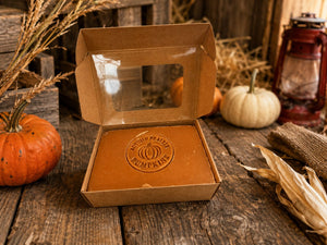 Pumpkin Spice Soap - stamped bar in open kraft box with pumpkins - handmade cold process soap