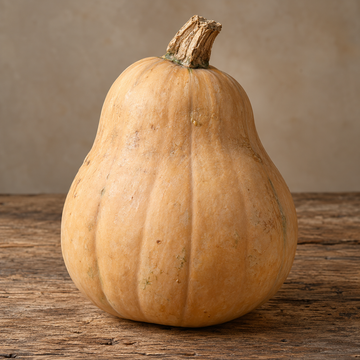 Seminole Larger Fruited pumpkin illustration — whole tan pumpkin on rustic wood