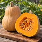 Seminole Larger Fruited pumpkin illustration — orange flesh and seed cavity beside a whole pumpkin