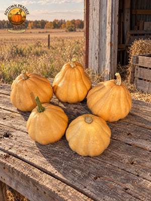Five tan Seminole pumpkins on weathered wood beside a Kansas prairie field in warm natural light. Autumn Prairie Pumpkins logo at upper left.