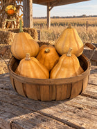 Five tan Seminole pumpkins in a wood basket beneath an open farm shed with Kansas prairie beyond. Autumn Prairie Pumpkins logo at upper left.