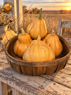 Basket of tan Seminole pumpkins on a farmhouse porch table with prairie grass and sunset behind. Autumn Prairie Pumpkins logo at upper left.