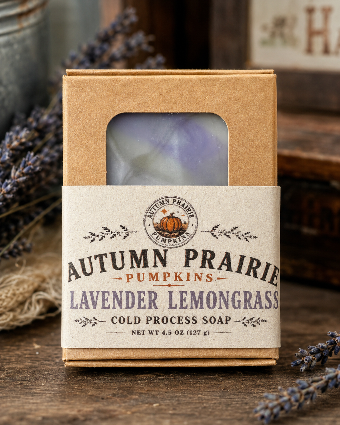 Lavender Lemongrass cold process soap in a kraft box with the Autumn Prairie Pumpkins label, Newton Kansas
